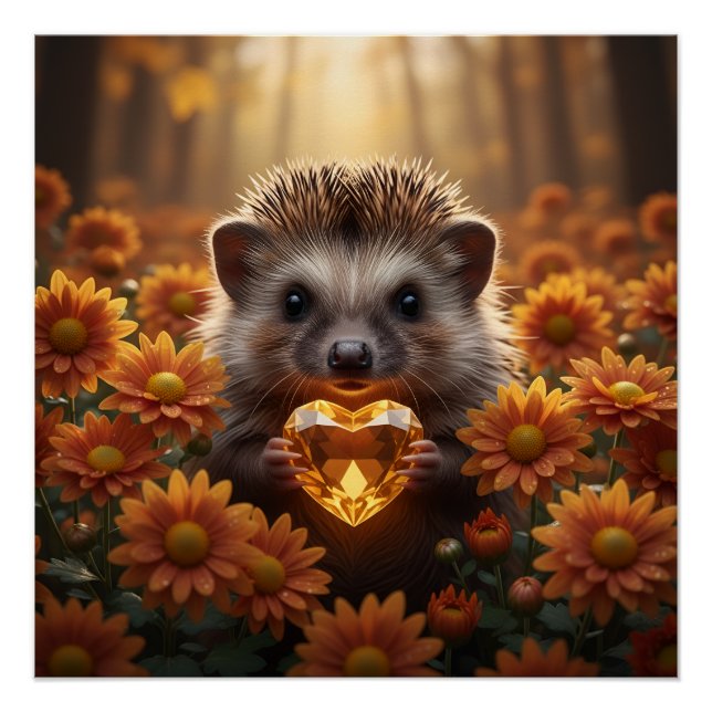 Cute November Hedgehog with Topaz Heart Poster (Front)