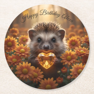 Cute November Hedgehog with Topaz Heart Round Paper Coaster