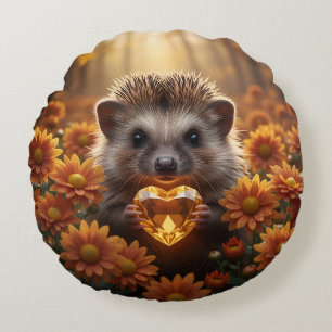 Cute November Hedgehog with Topaz Heart Round Pillow