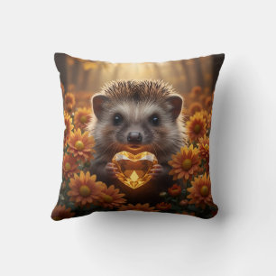 Cute November Hedgehog with Topaz Heart Throw Pillow