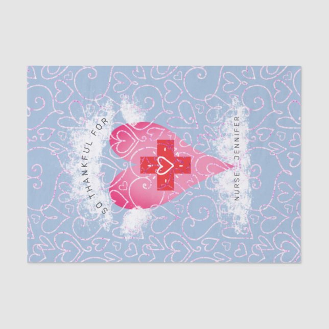 Cute Nurse Blue Pink Heart Personalized Tissue Paper (Front)