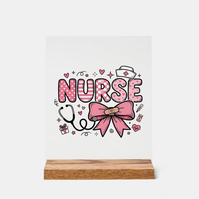 Cute Nurse Bow Heart Vector Shirt Design_1 Acrylic Sign (Front)