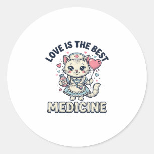 Cute Nurse Cat Love Is the Best Medicine Design_1 Classic Round Sticker