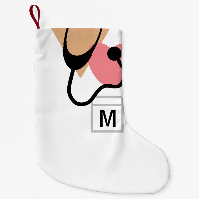 Cute Nurse Doctor Stethoscope Scrubs Monogram Small Christmas Stocking (Front)