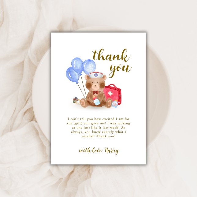 Cute Nurse Doctor Teddy Bear Balloon Baby Shower  Thank You Card (Cute Nurse Doctor Teddy Bear Balloon Baby Shower Thank You Card)