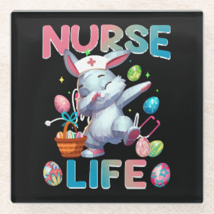 Cute Nurse Life Dabbing Easter Bunny Glass Coaster