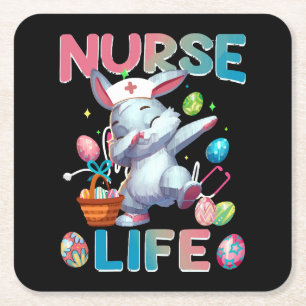 Cute Nurse Life Dabbing Easter Bunny Square Paper Coaster
