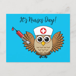 Cute Nurse Owl with Syringe Cartoon   Add Text Holiday Postcard
