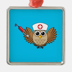 Cute Nurse Owl with Syringe Cartoon Metal Ornament