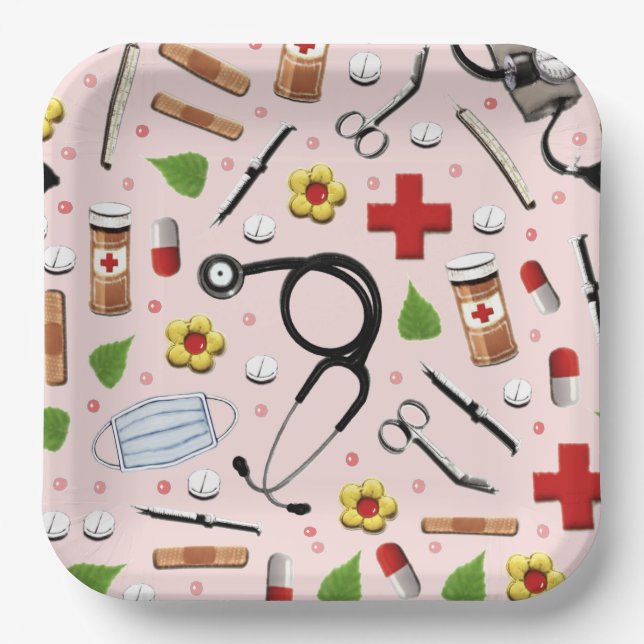 Cute Nurse Pink Party Paper Plate (Front)