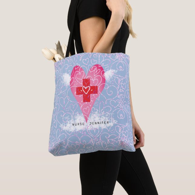 Cute Nurse Pink Red Heart with Wings Personalized Tote Bag (Close Up)