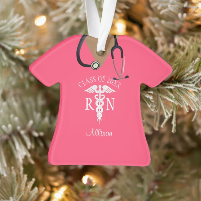 Cute Nurse Pink Scrub Top Keepsake Personalized Ornament (Tree)