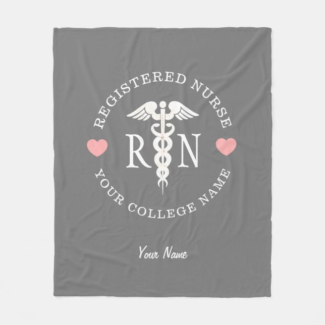 Cute Nurse RN Pink Hearts Personalized Fleece Blanket (Front)