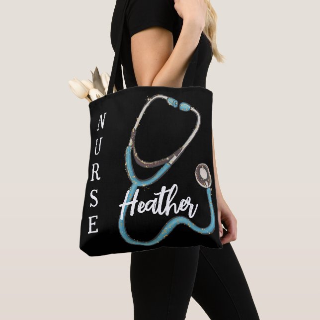 Cute Nurse Stethoscope Teal Black Minimalist  Tote Bag (Close Up)