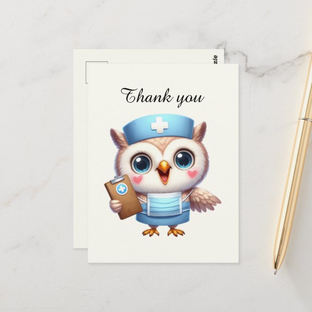 Cute Nurse thank you owl Postcard (Front/Back In Situ)