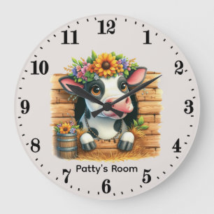 Cute nursery add name baby cow  large clock