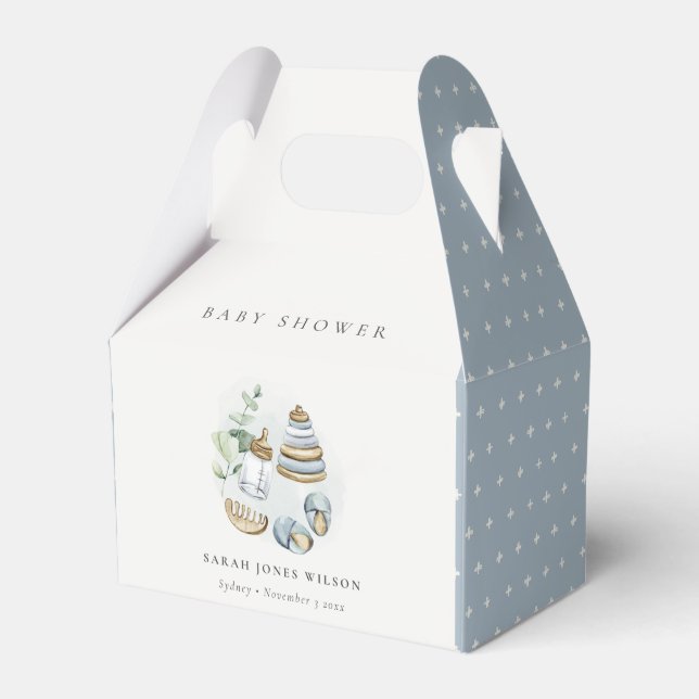 Cute Nursery Essential Leafy Blue Boy Baby Shower Favor Box (Front Side)
