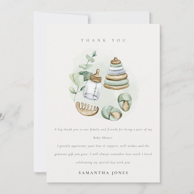 Cute Nursery Essential Leafy Green Baby Shower Thank You Card (Front)