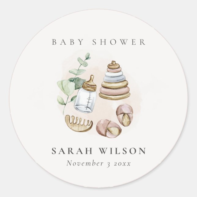 Cute Nursery Essential Leafy Pink Girl Baby Shower Classic Round Sticker (Front)