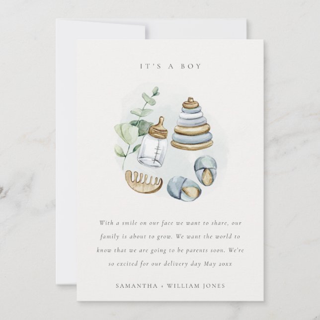 Cute Nursery Essentials Blue Baby Announcement (Front)