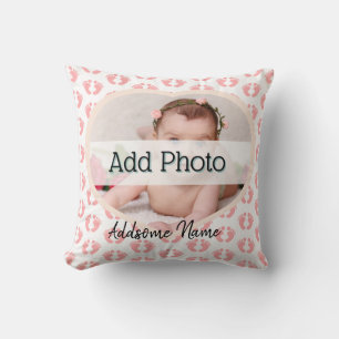 Cute Nursery Pink Heart Baby Photo pink foot print Throw Pillow
