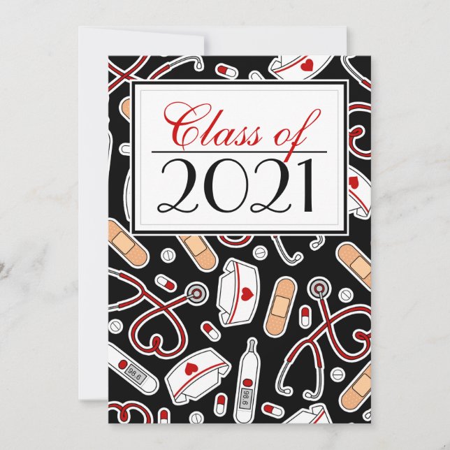 Cute Nursing School RN Black Graduation Invite (Front)