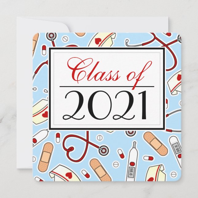 Cute Nursing School RN Blue Graduation Square Invitation (Front)