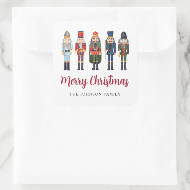 Cute Nutcracker Merry Christmas Square Sticker (Bag)