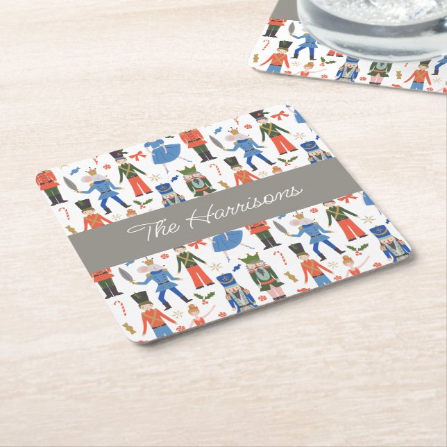 Cute Nutcracker Personalized Christmas Square Paper Coaster (Angled)