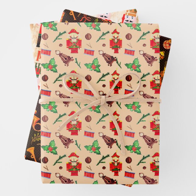 Cute  Nutcracker Trio Peach Orange Wrapping Paper Sheet (In situ)