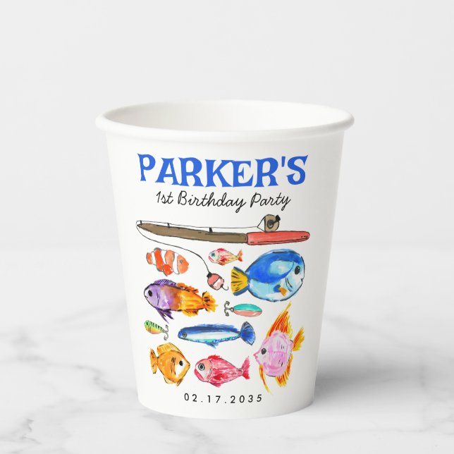 Cute O-Fish-al Reel Fun Gone Fish Fishing Birthday Paper Cups (Front)