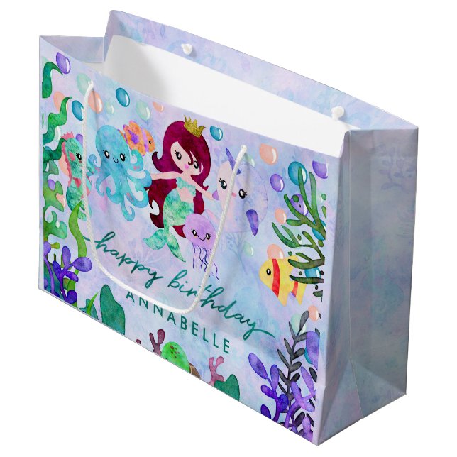 Cute Ocean Animals Mermaid Theme Happy Birthday Large Gift Bag (Front Angled)