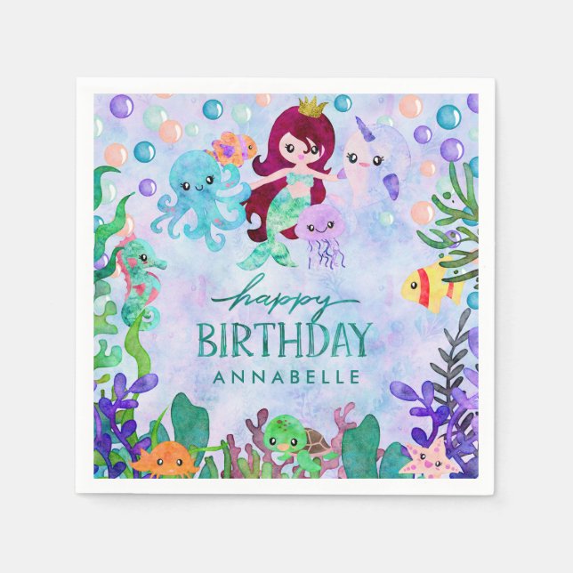 Cute Ocean Animals Mermaid Theme Happy Birthday Napkin (Front)
