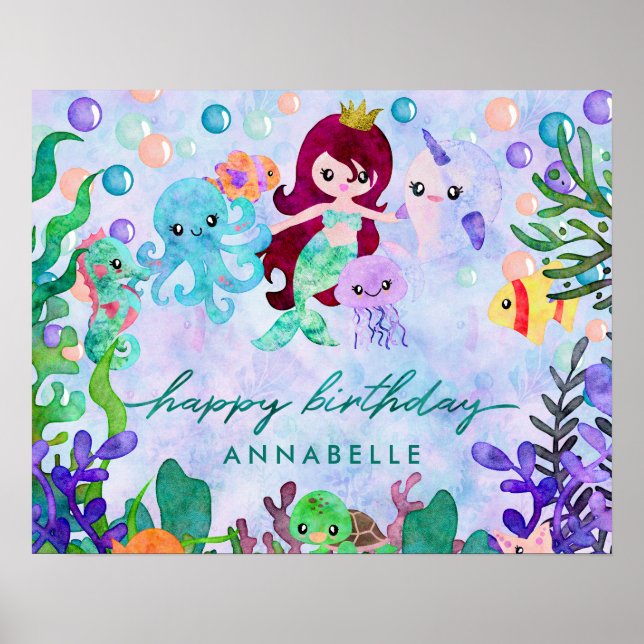 Cute Ocean Animals Mermaid Theme Happy Birthday Poster (Front)