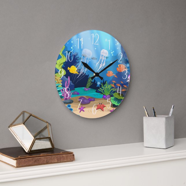 cute ocean fish beach house large clock (Office)