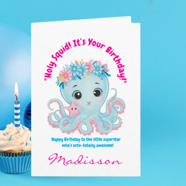 Cute Ocean Floral Octopus Girly Kids Birthday Card (Creator Uploaded)