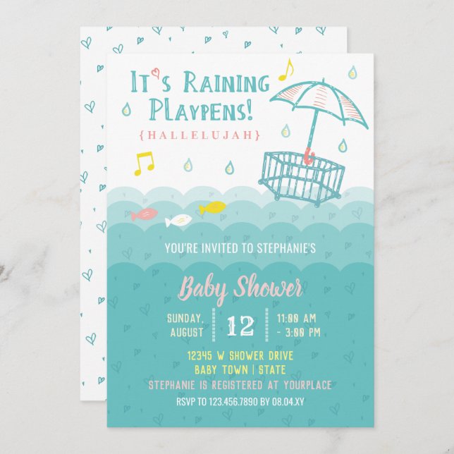 Cute Ocean Hearts Whimsical Baby Shower Invitation (Front/Back)
