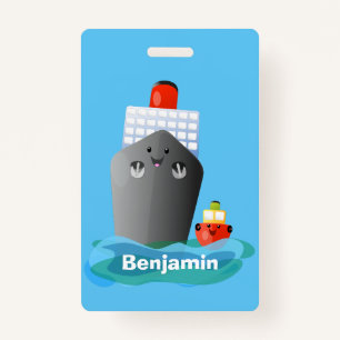 Cute ocean liner ship tug cartoon illustration badge