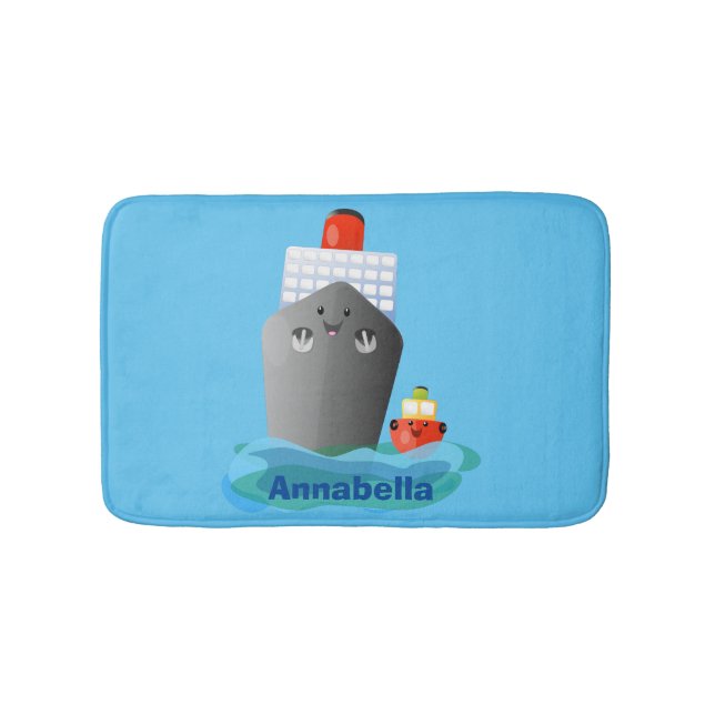 Cute ocean liner ship tug cartoon illustration bath mat (Front)