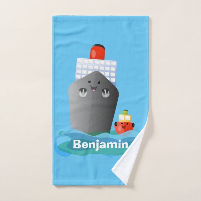 Cute ocean liner ship tug cartoon illustration bath towel set (Hand Towel)