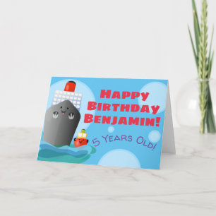 Cute ocean liner ship tug cartoon illustration card