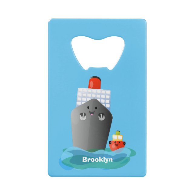 Cute ocean liner ship tug cartoon illustration credit card bottle opener (Front)