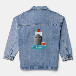 Cute ocean liner ship tug cartoon illustration denim jacket