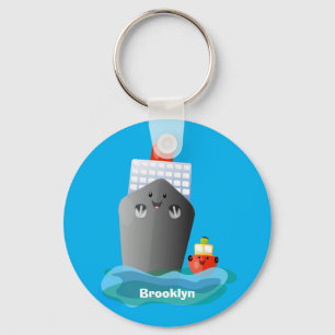 Cute ocean liner ship tug cartoon illustration keychain