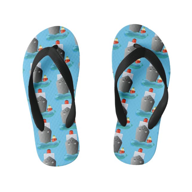 Cute ocean liner ship tug cartoon illustration kid's flip flops (Footbed)