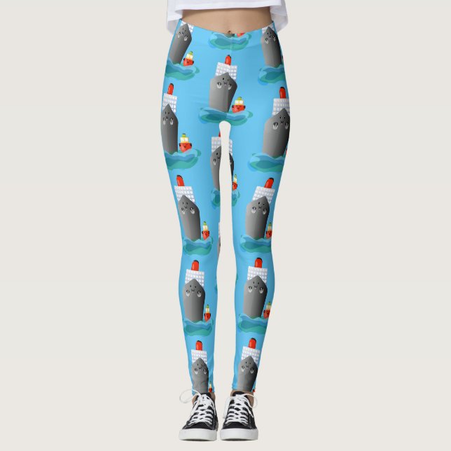 Cute ocean liner ship tug cartoon illustration leggings (Front)