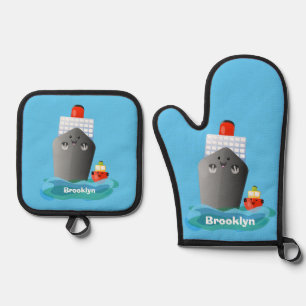 Cute ocean liner ship tug cartoon illustration oven mitt & pot holder set