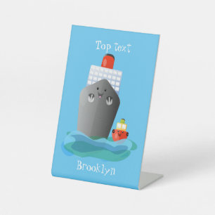 Cute ocean liner ship tug cartoon illustration pedestal sign