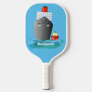 Cute ocean liner ship tug cartoon illustration pickleball paddle
