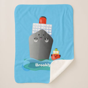 Cute ocean liner ship tug cartoon illustration  sherpa blanket